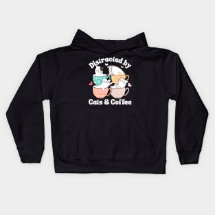 Distracted by Cats & Coffee Cat Lover Cute Mugs Kawaii Mom Kids Hoodie